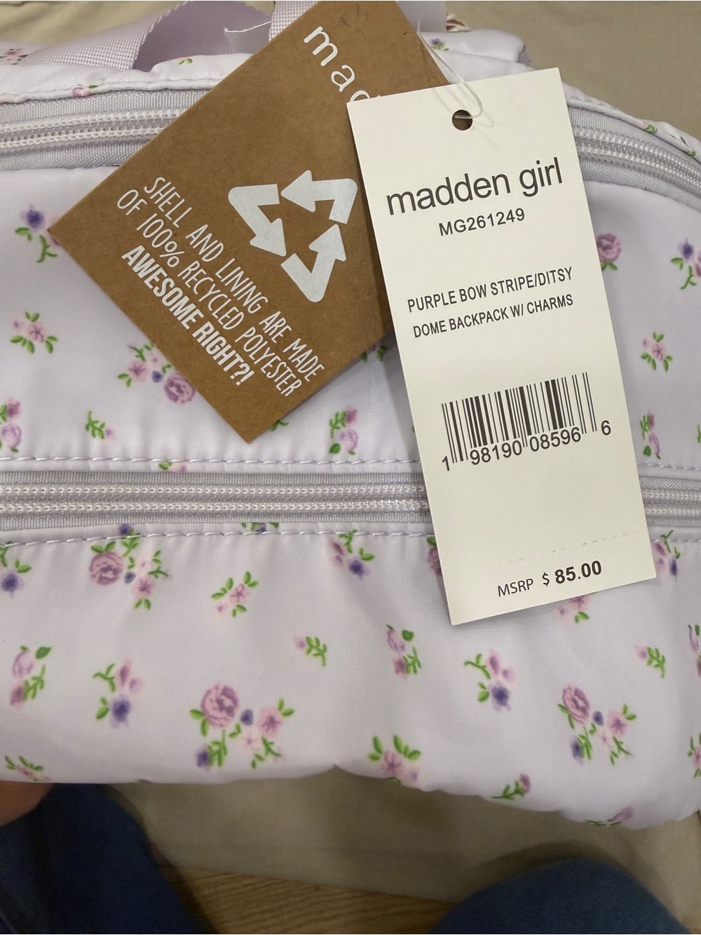 RARE & hard find Madden Girl Purple Bow Striped/Ditsy Dome Backpack with/ Charms - Picture 2 of 10